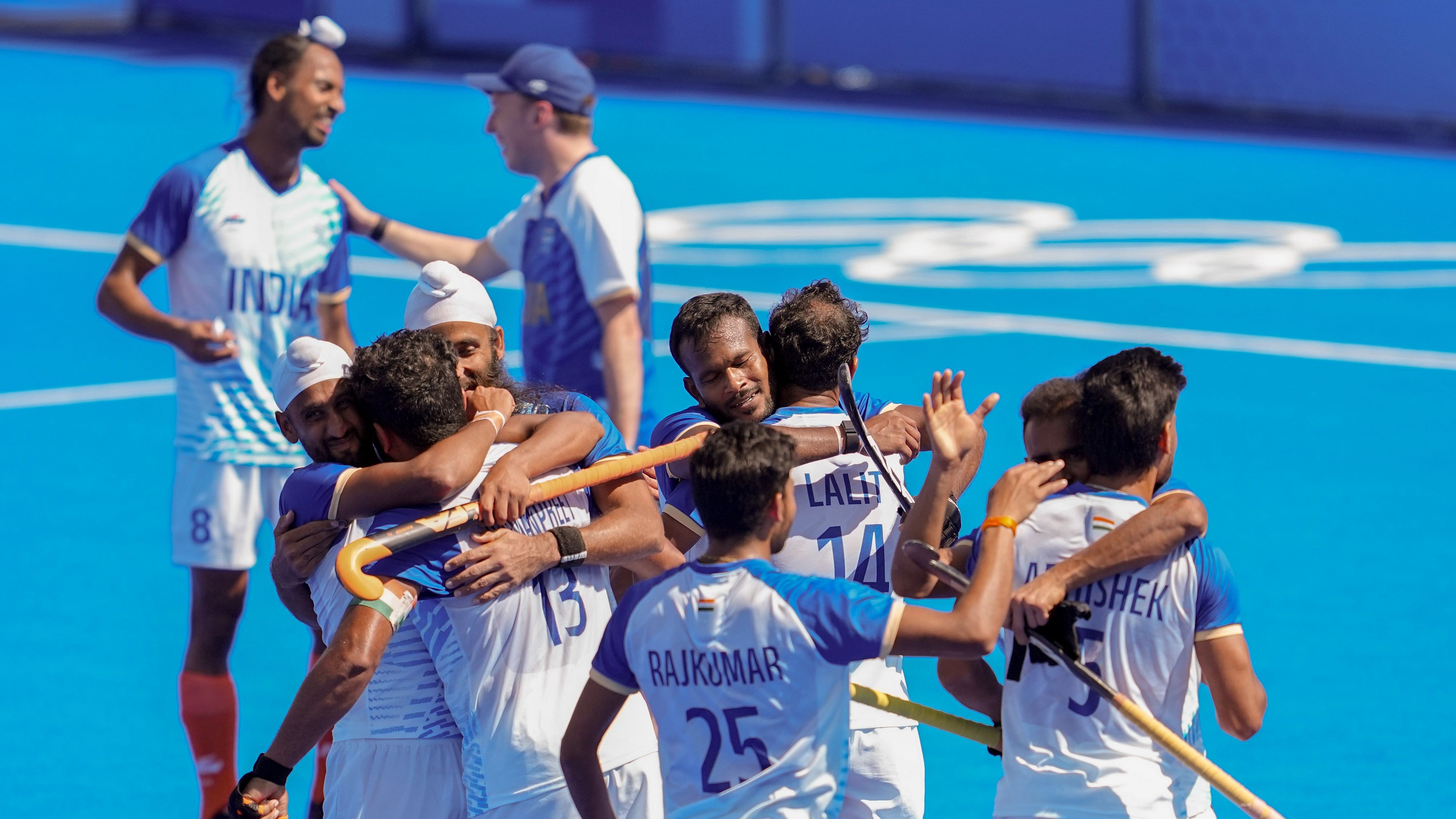 <div class="paragraphs"><p>Indian players celebrate after winning the men's hockey bronze medal match against Spain at the 2024 Summer Olympics, in Colombes, France, Thursday.</p></div>